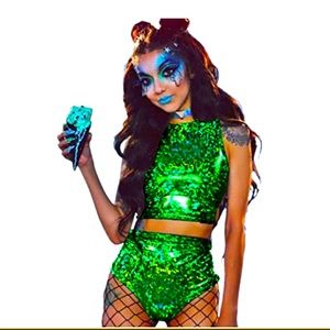 Women Rave Holographic Bodysuit Mini Two Piece Hologram Metallic EDM Festival